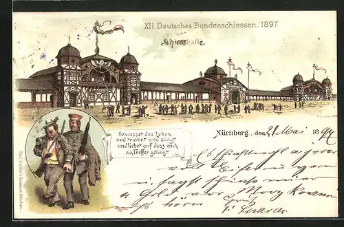 Lithographie Nürnberg, XII. Deutsches Bundesschiedden 1897, Schiesshalle