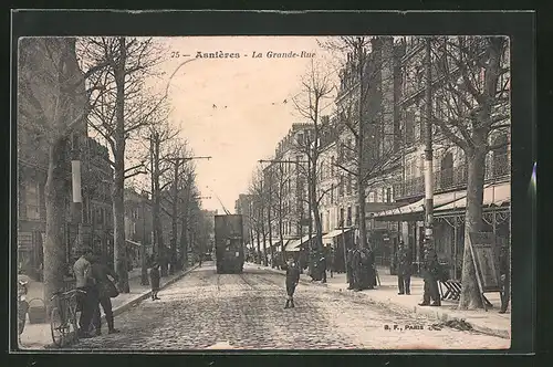 AK Asnières, La Grande-Rue, Strassenbahn