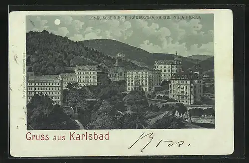 Mondschein-Lithographie Karlsbad, Englische Kirche mit Königsvilla Bristol und Villa Theresa