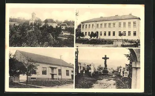 AK Borkovany, Strassenpartie mit Gebäudeansicht, Friedhof, Schule
