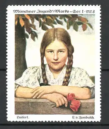 Reklamemarke Münchner Jugend Marke Serie 1, No. 8, das Luiserl mit Flechtzöpfen im Portrait