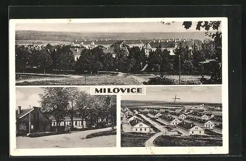 AK Milowitz / Milovice, Ortsansicht mit Kaserne