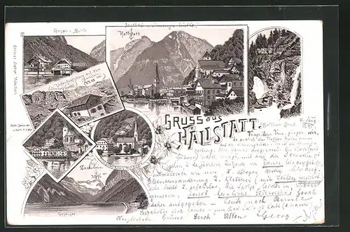 Vorläufer-Lithographie Hallstatt, 1895, Hotel grüner Baum und Prot. Kirche, Hotel Seeauer und kath. Kirche