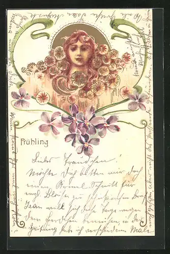 AK Frühling, Fräulein mit Blumen, Jugendstil