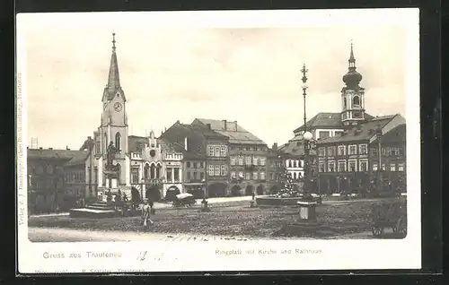 AK Trautenau / Trutnov, Ringplatz mit Kirche und Rathaus