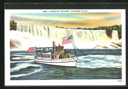AK Niagara Falls, das Binnenschiff Maid of the Mist am Fusse des Falls