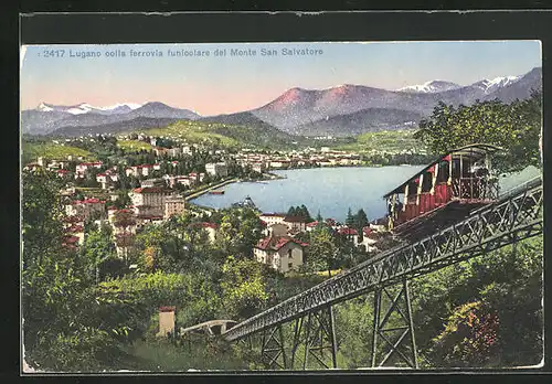 AK Lugano, colla ferrovia funicolare del monte San Salvatore, die Bergbahn fährt hinauf