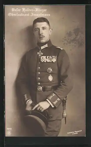 AK Unser Helden-Flieger Oberleutnant Immelmann in Uniform, 1. Weltkrieg, Pour-le-Mérite