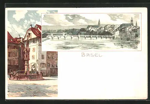 Künstler-AK Karl Mutter: Basel, Ortspartie mit Brücke, Marktplatz mit Brunnen