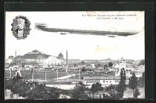 AK Frankfurt a. Main, Internationale Luftschiffahrt-Ausstellung 1909, Festgelände mit Zeppelin