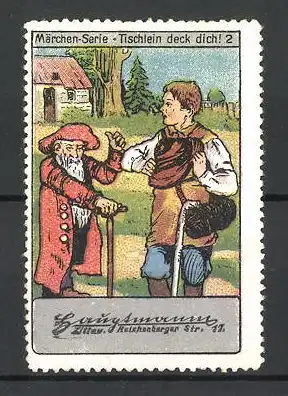 Reklamemarke Märchen-Serie Tischlein deck dich!, Bild 2, an der Bauernhütte