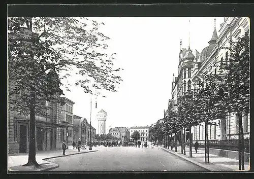 AK Kattowitz, Bahnhofstrasse mit neuem Wasserturm