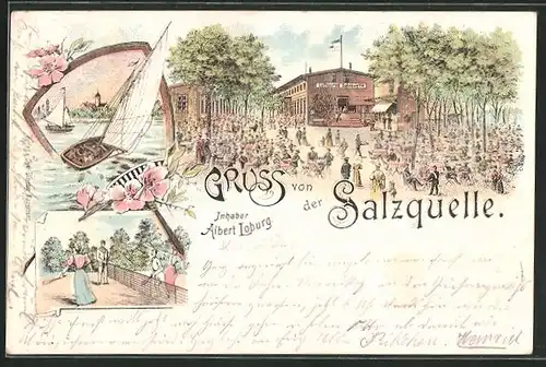 Lithographie Magdeburg, Gasthaus Salzquelle mit Garten und Tennisplatz