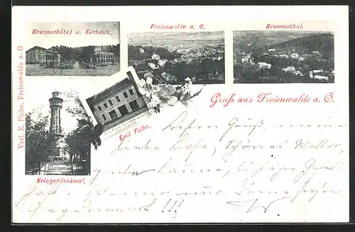 AK Freienwalde a. O., Brunnenhôtel und Kurhaus, Emil Fiehn Geschäftshaus, Kriegerdenkmal