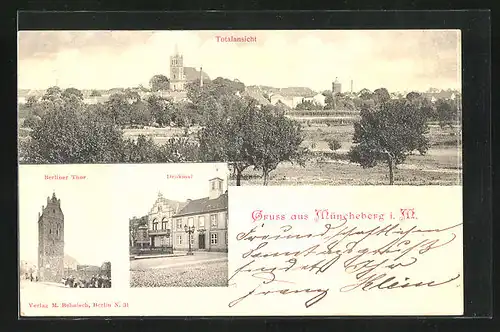 AK Müncheberg i. M., Totalansicht, Berliner Tor, Denkmal