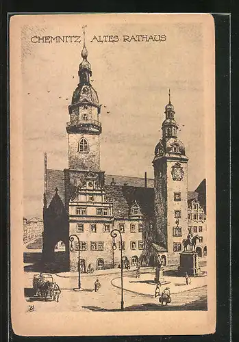 Künstler-AK Chemnitz, Altes Rathaus mit Kutsche und Fussgängern