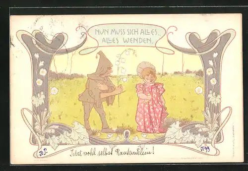 Lithographie Waldwichtel beschenkt Mädchen mit Blumen - Jugendstil