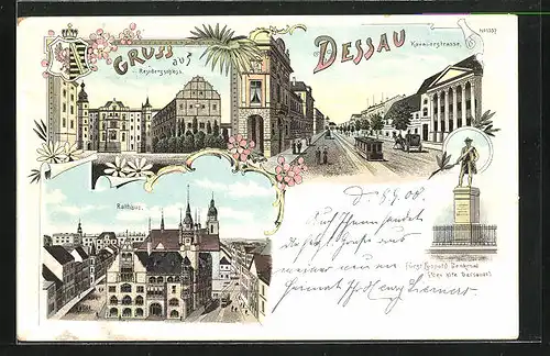 Lithographie Dessau, Rathaus aus der Vogelschau, Blick in die Kavalierstrasse, Residenz Schloss