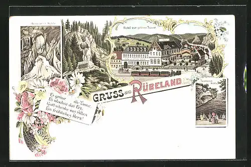 Lithographie Rübeland / Harz, Hotel Zur grünen Tanne mit Dampflok, Höhle Baumann, Höhle Hermann