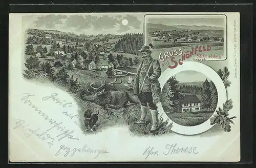 Mondschein-Lithographie Schmiedeberg / Erzgebirge, Gasthaus Schönfeld, Gesamtansicht bei Nacht, Jäger mit Hirsch