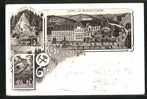 Vorläufer-Lithographie Rübeland / Harz, 1895, Hotel Zur grünen Tanne mit Strassenbahn, Höhle Hermann, Höhle Baumann