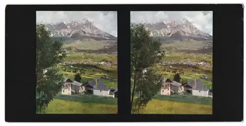 Stereo-Fotografie Fotograf unbekannt, Ansicht Cortina d`Ampezzo, Ortsansicht gegen Dolomiten
