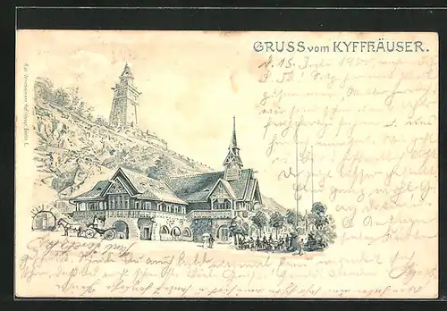 Lithographie Kyffhäuser, Denkmal und Hotel-Restaurant