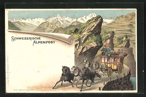 Lithographie Postkutsche der Schweizerischen Alpenpost auf einer Passstrasse