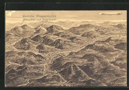 AK Zeppelin mit seinem westlichen Kriegsschauplatz über Breuschtal und Donongebiet