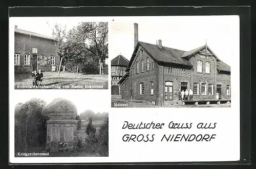 AK Gross-Niendorf, Meierei, Kolonialwarenhandlung Martin Pohlamann, Kriegerdenkmal