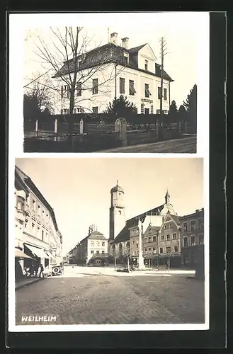 AK Weilheim, Marktplatz mit Geschäften, Gebäudeansicht