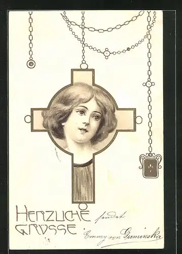 Präge-AK Kreuz-Anhänger mit Portrait einer Dame, Jugendstil