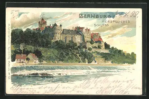 Lithographie Bernburg, Flusspartie mit Herzogl. Schloss