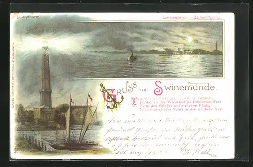 Lithographie Swindemünde, Leuchtturm in Betrieb