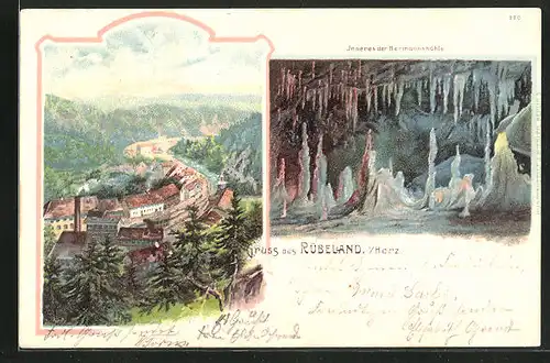 Lithographie Rübeland / Harz, Ortsansicht & Hermannshöhle