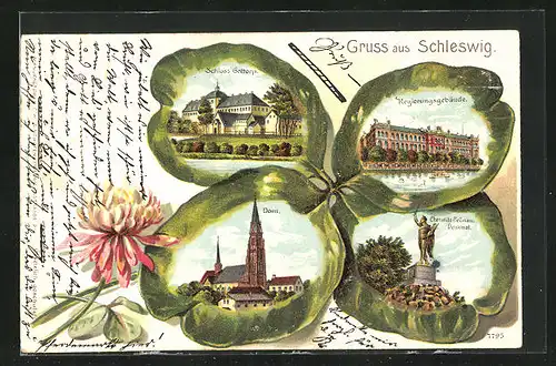 Passepartout-Lithographie Schleswig, Regierungsgebäude, Schloss Gottorp und Dom im Kleeblatt