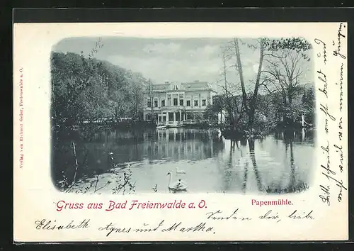 Mondschein-AK Bad Freienwalde a. O., Blick auf den Teich und die Papenmühle