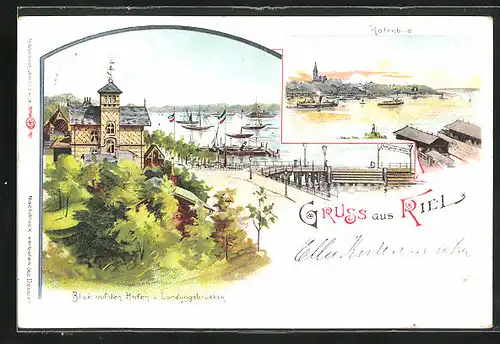 Lithographie Kiel, Hafen und Landungsbrücken, Seegarten