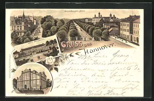 Lithographie Hannover, Herrenhäuser Allee und Palmenhaus