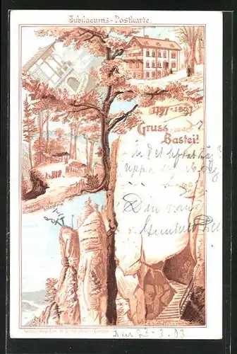 Lithographie Bastei, Wald-Villa, Basteifelsen, Aufgang durch d. Schwedenlöcher