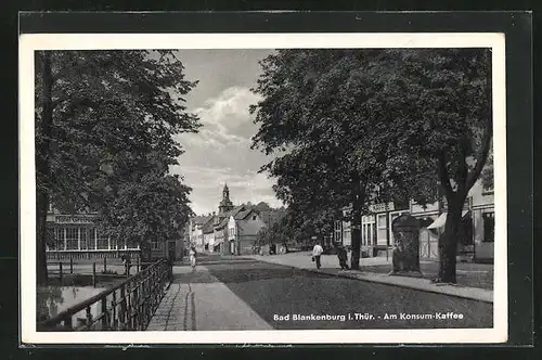 AK Bad Blankenburg i. Thür., Ortspartie am Konsum-Café