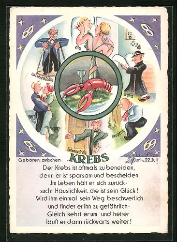 AK Sternzeichen, Krebs, Charakterbeschreibung, Krebsspeise auf Salat