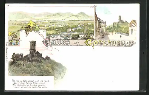 Lithographie Godesberg, Blick auf den Ort und die Burg