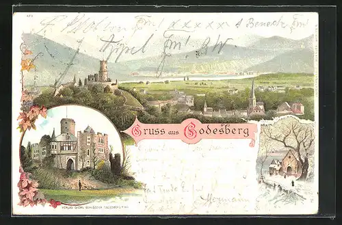 Lithographie Godesberg, Blick auf die Burg und den Ort