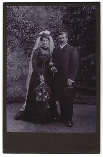 Fotografie Georg Koczyl, Coswig, Portrait Eheleute im Brautkleid und Anzug mit Schleier und Zylinder