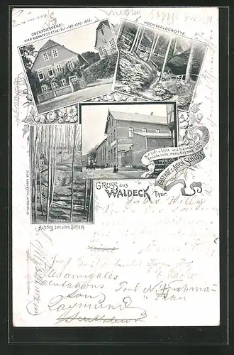 Lithographie Waldeck / Thüringen, Gasthof Zum alten Schloss, Aufstieg zum alten Schloss, Oberförsterei