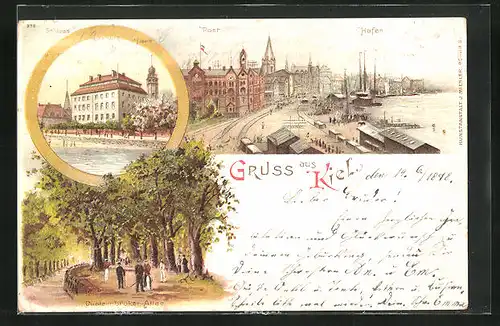 Lithographie Kiel, Schloss von der See seite, Düsternbroker-Allee im Dämmerungslicht, Hafen