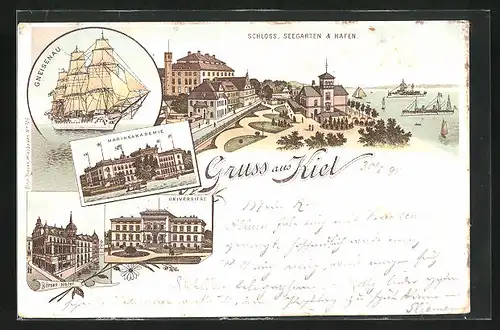 Vorläufer-Lithographie Kiel, 1895, Börsen-Hotel, Seegarten-Schlossbrücke mit Hafen, Gneisenau auf hoher See