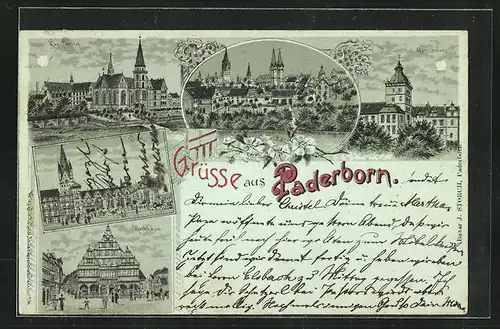 Mondschein-Lithographie Paderborn, Rathaus, Dom, Gymnasium