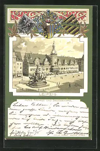 Passepartout-Lithographie Leipzig, Altes Rathaus und Siegesdenkmal eingerahmt vom Stadtwappen